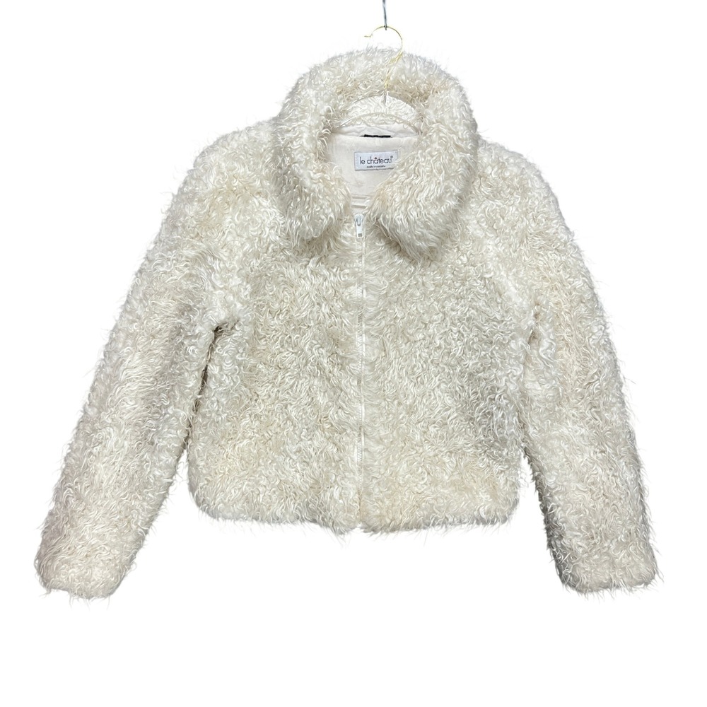 Le Chateau Vintage Faux Fur Shaggy Jacket Off White Zip Up Canada Y2K Indie 90s